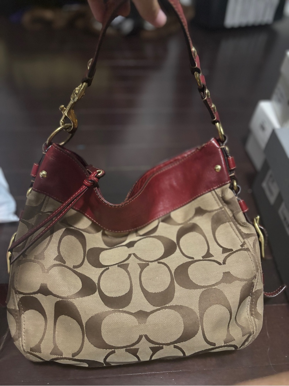 Coach Signature Canvas Zoe Hobo Bag in Khaki and Burgundy with Gold Hardware